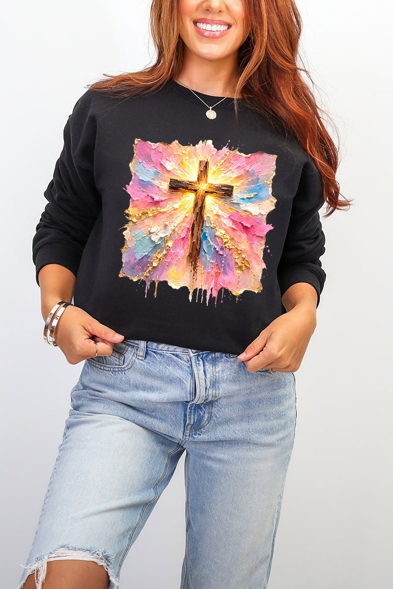 Pastel Brushstroke Cross Ecosmart Crewneck Sweatshirt - Wholesale Accessory Market