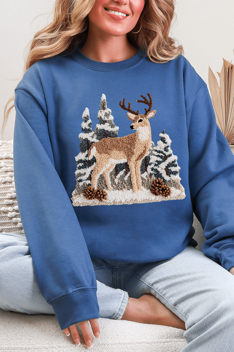 Faux Yarn Winter Deer Ecosmart Crewneck Sweatshirt - Wholesale Accessory Market