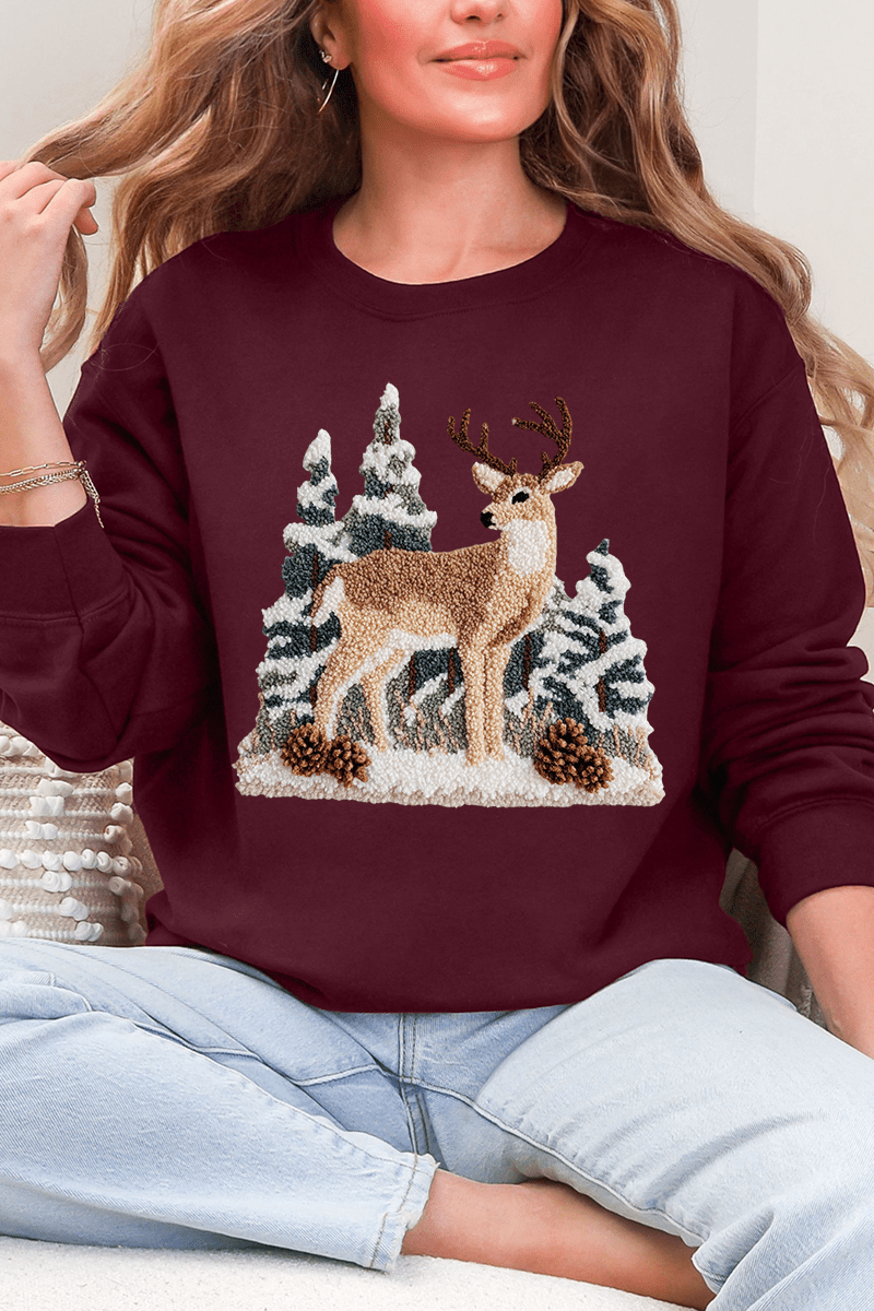 Faux Yarn Winter Deer Ecosmart Crewneck Sweatshirt - Wholesale Accessory Market
