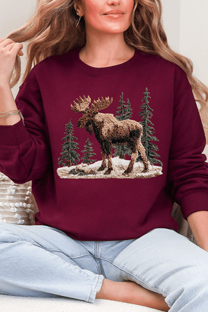Faux Yarn Winter Moose Ecosmart Crewneck Sweatshirt - Wholesale Accessory Market