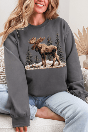 Faux Yarn Winter Moose Ecosmart Crewneck Sweatshirt - Wholesale Accessory Market