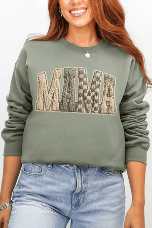 Faux Yarn Check Mama Ecosmart Crewneck Sweatshirt - Wholesale Accessory Market