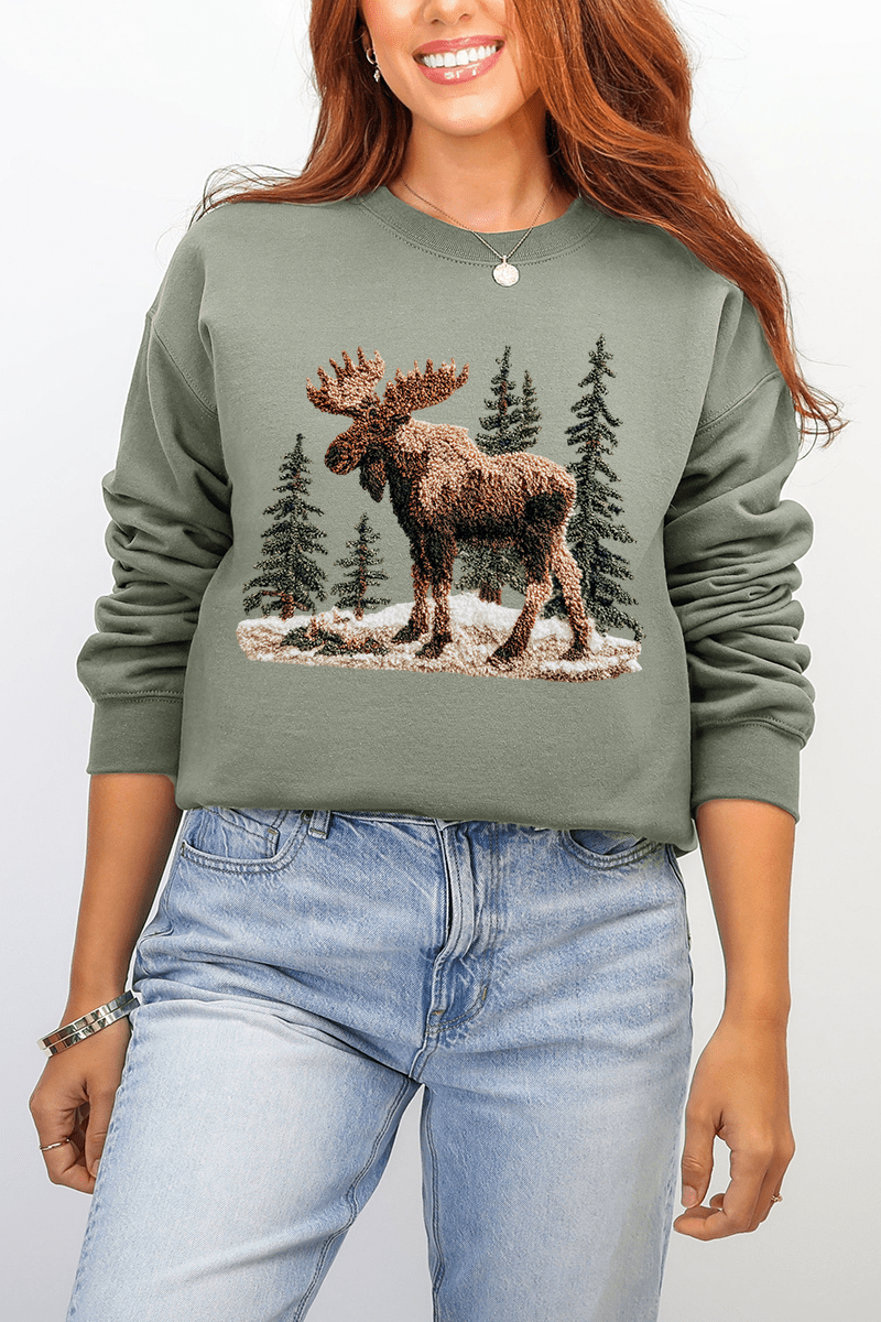 Faux Yarn Winter Moose Ecosmart Crewneck Sweatshirt - Wholesale Accessory Market