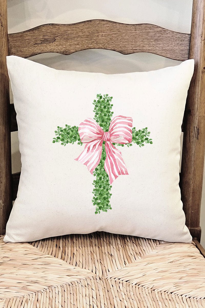 Pink Bow Boxwood Cross Decorative Pillow Cover - Wholesale Accessory Market
