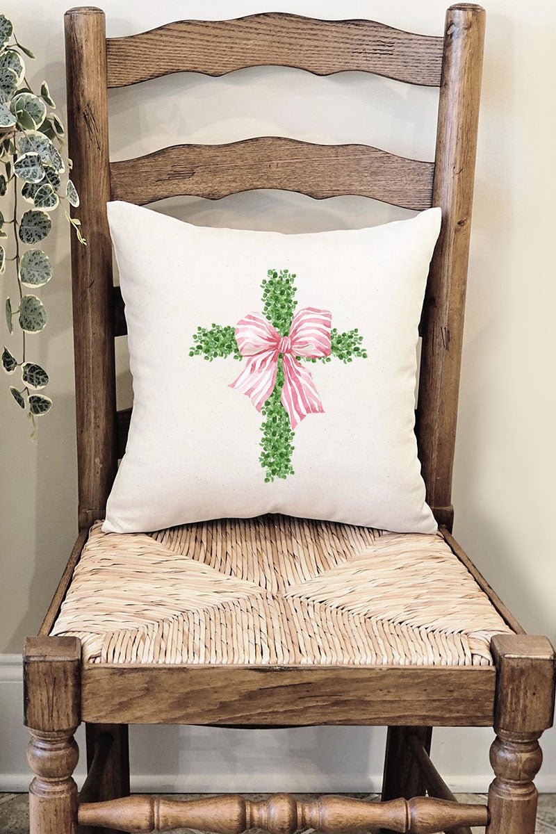 Pink Bow Boxwood Cross Decorative Pillow Cover - Wholesale Accessory Market