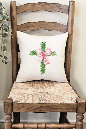 Pink Bow Boxwood Cross Decorative Pillow Cover - Wholesale Accessory Market