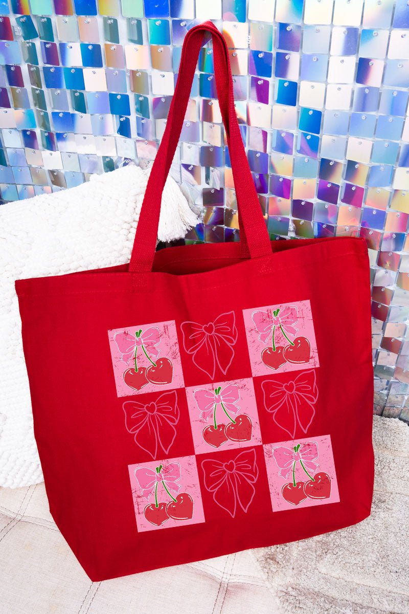 Cherry Love And Coquette Bows Canvas Jumbo Tote - Wholesale Accessory Market