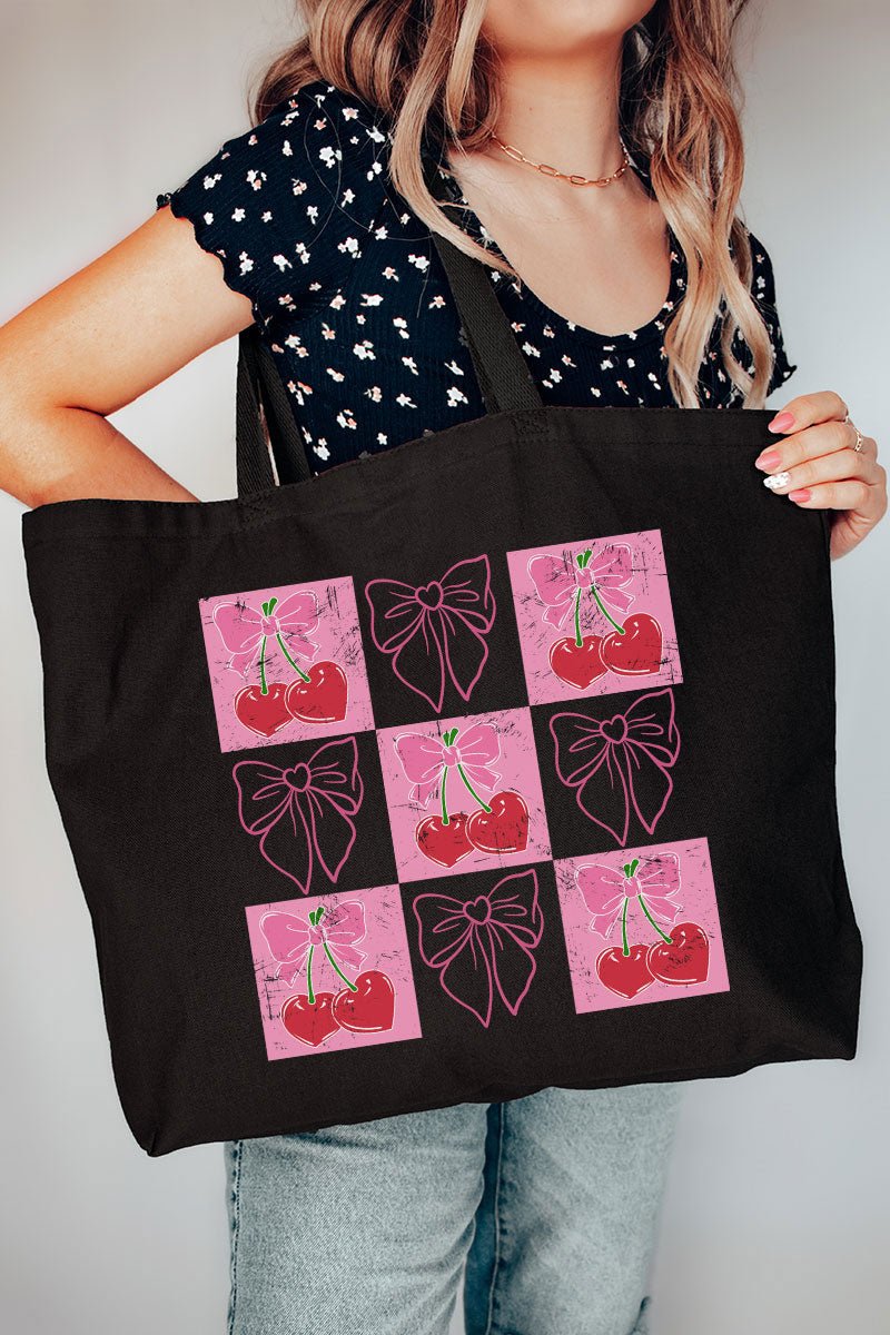 Cherry Love And Coquette Bows Canvas Jumbo Tote - Wholesale Accessory Market