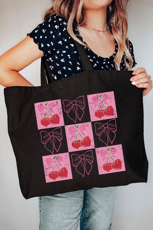 Cherry Love And Coquette Bows Canvas Jumbo Tote - Wholesale Accessory Market