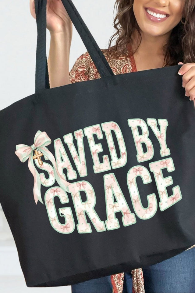 Coquette Cross Saved By Grace Canvas Jumbo Tote - Wholesale Accessory Market