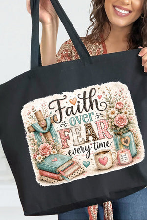 Faith Over Fear Floral Devotion Canvas Jumbo Tote - Wholesale Accessory Market
