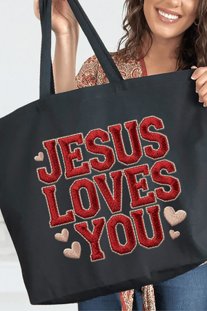 Faux Embroidery Jesus Loves You Canvas Jumbo Tote - Wholesale Accessory Market