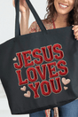Faux Embroidery Jesus Loves You Canvas Jumbo Tote - Wholesale Accessory Market