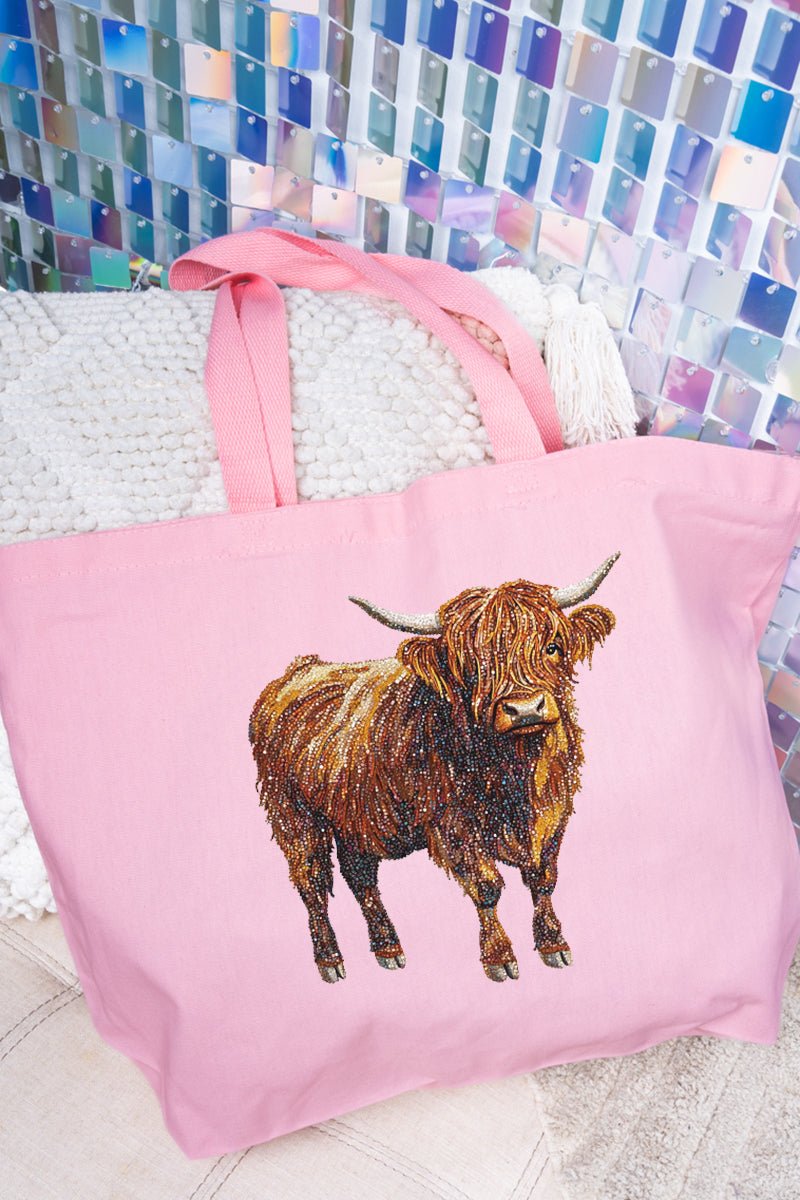 Faux Rhinestone Highland Cow Canvas Jumbo Tote - Wholesale Accessory Market