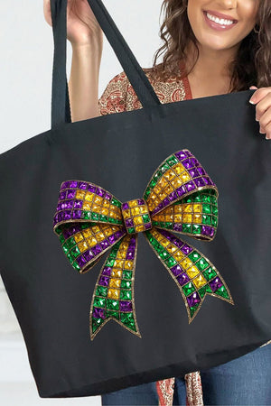 Faux Rhinestone Mardi Gras Bow Canvas Jumbo Tote - Wholesale Accessory Market