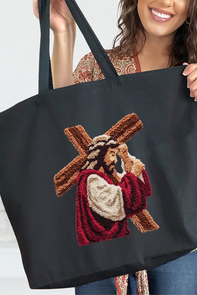 Faux Yarn Jesus At The Cross Canvas Jumbo Tote - Wholesale Accessory Market