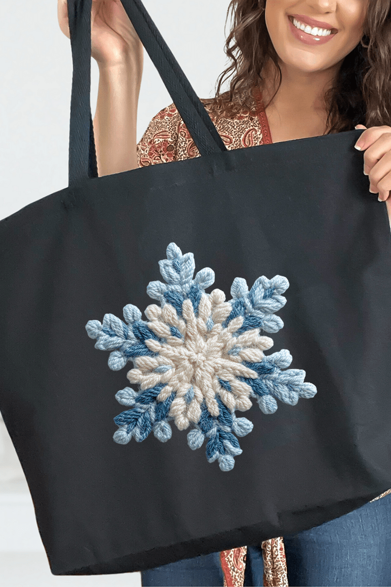 Faux Yarn Snow Day Snowflake Canvas Jumbo Tote - Wholesale Accessory Market