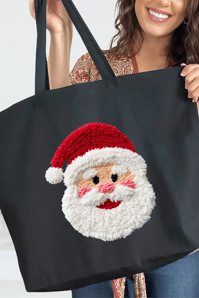 Faux Yarn Stitched With Cheer Santa Canvas Jumbo Tote - Wholesale Accessory Market
