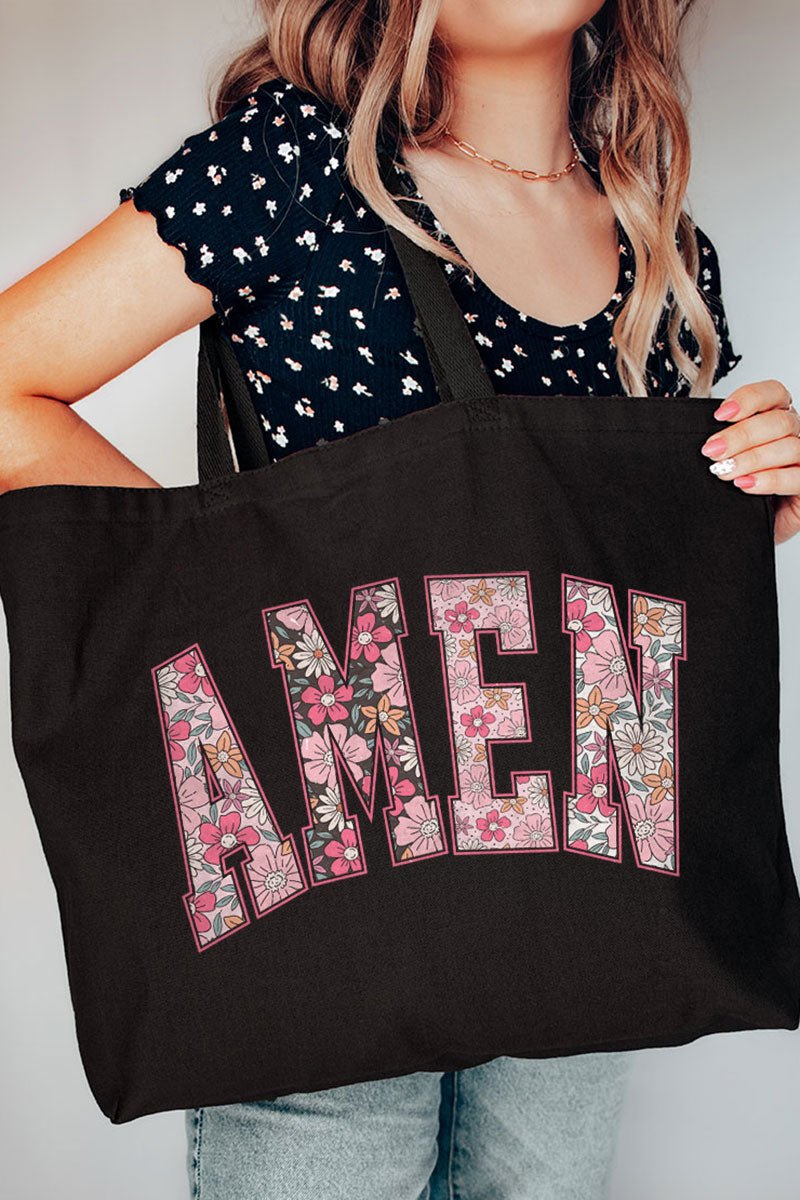 Floral Faux Embroidery Amen Canvas Jumbo Tote - Wholesale Accessory Market