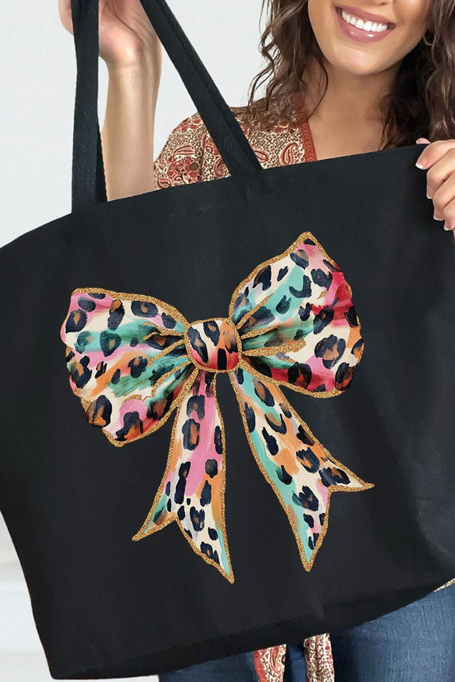 Glitzy Leopard Bow Canvas Jumbo Tote - Wholesale Accessory Market