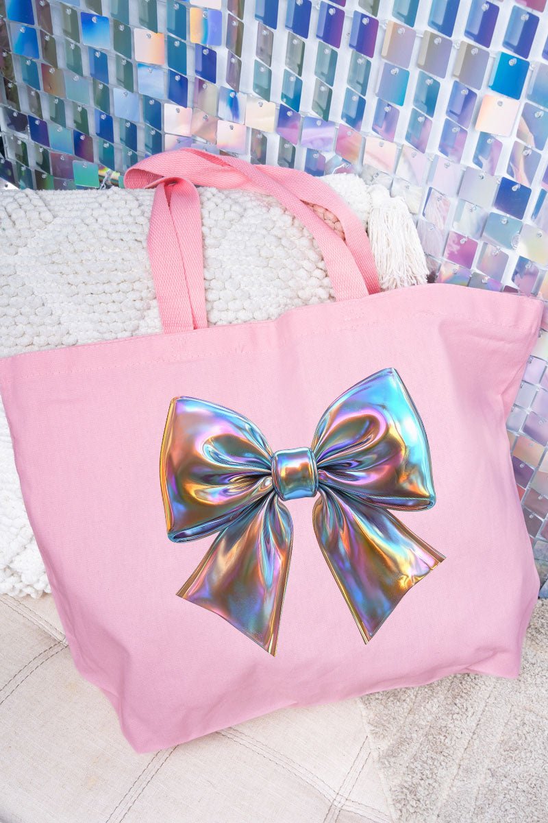 Iridescent Satin Bow Canvas Jumbo Tote - Wholesale Accessory Market