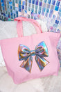 Iridescent Satin Bow Canvas Jumbo Tote - Wholesale Accessory Market