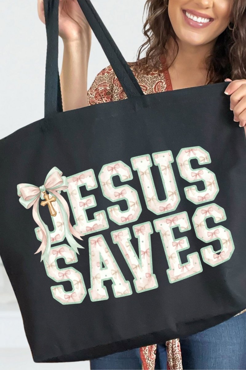 Jesus Saves Coquette Cross Canvas Jumbo Tote - Wholesale Accessory Market