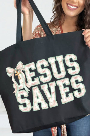 Jesus Saves Coquette Cross Canvas Jumbo Tote - Wholesale Accessory Market