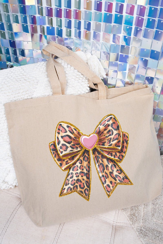 Leopard Love Bow Canvas Jumbo Tote - Wholesale Accessory Market