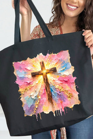 Pastel Brushstroke Cross Canvas Jumbo Tote - Wholesale Accessory Market