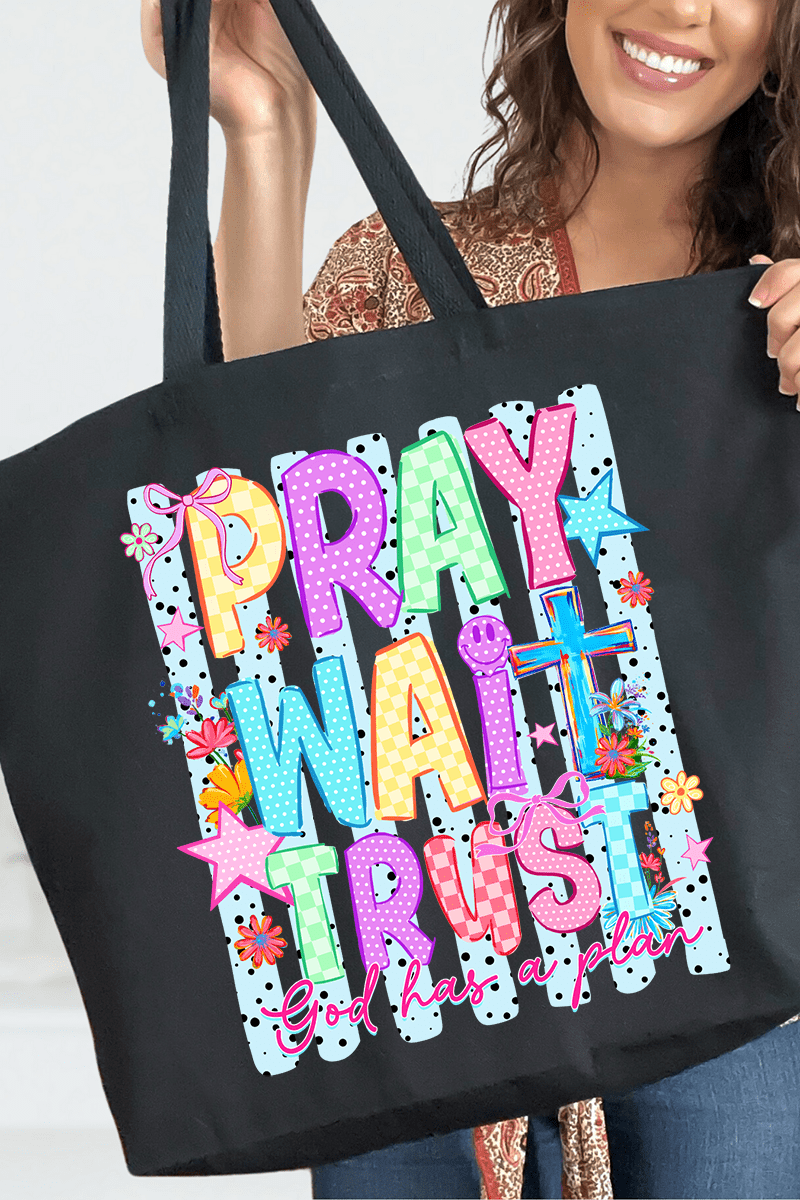 Pray Wait Trust Bright Doodle Canvas Jumbo Tote - Wholesale Accessory Market