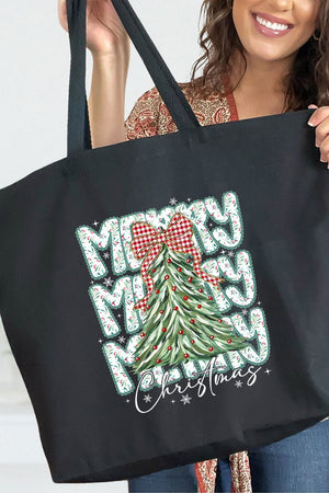 Stacked Holly Merry Christmas Tree Canvas Jumbo Tote - Wholesale Accessory Market