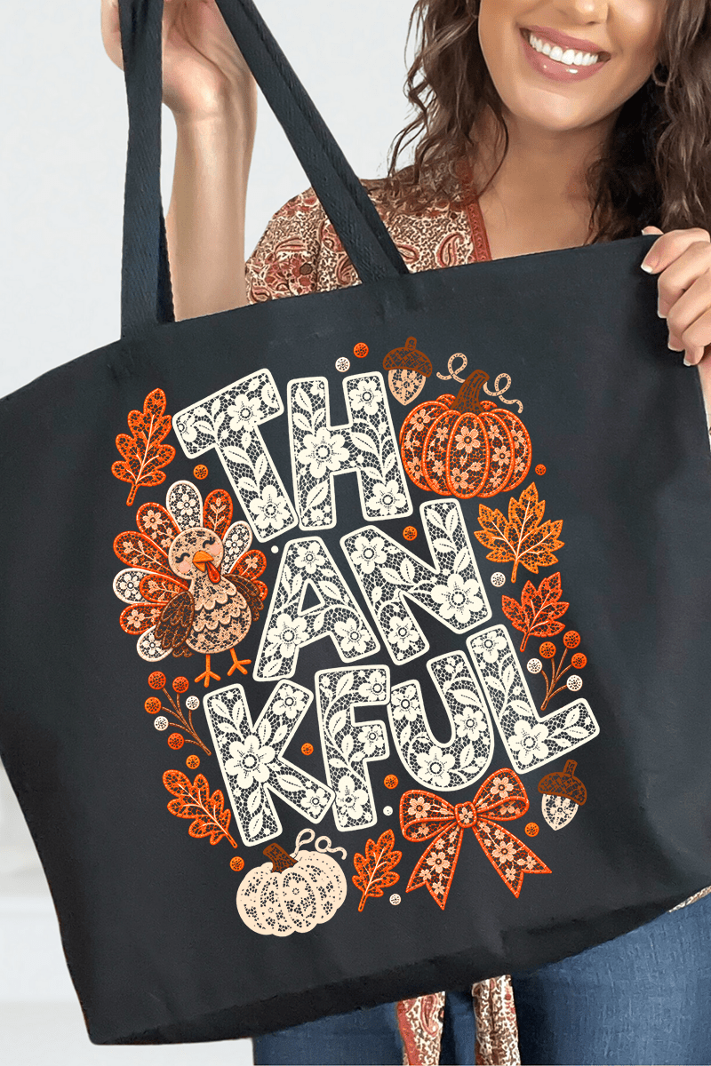 Thankful Lacework Canvas Jumbo Tote - Wholesale Accessory Market