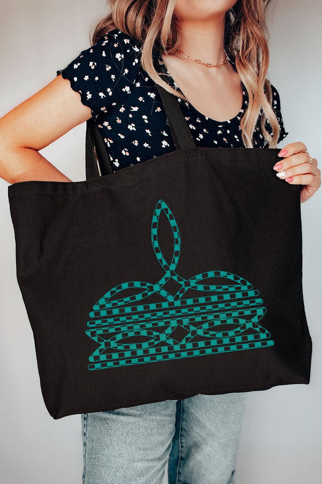 Turquoise Checkered Boot Stitch Canvas Jumbo Tote - Wholesale Accessory Market
