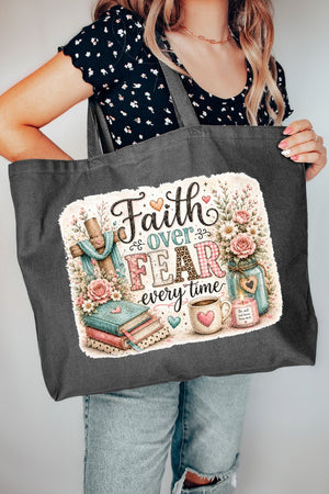 Faith Over Fear Floral Devotion Canvas Jumbo Tote - Wholesale Accessory Market
