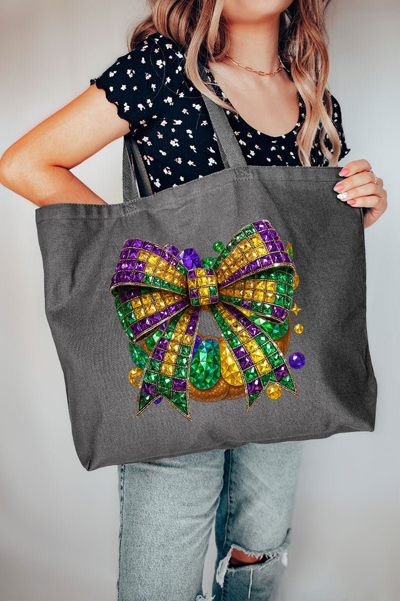 Faux Rhinestone Mardi Gras Bow Canvas Jumbo Tote - Wholesale Accessory Market