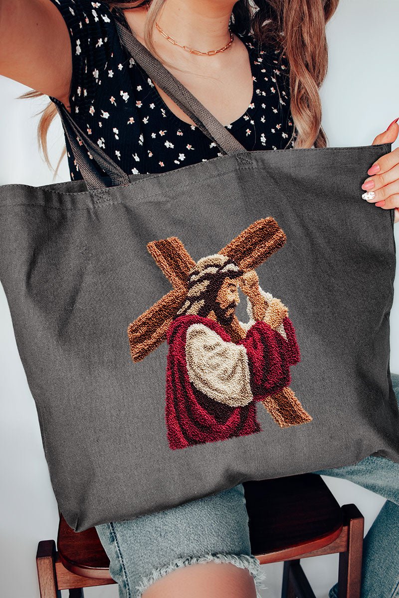 Faux Yarn Jesus At The Cross Canvas Jumbo Tote - Wholesale Accessory Market