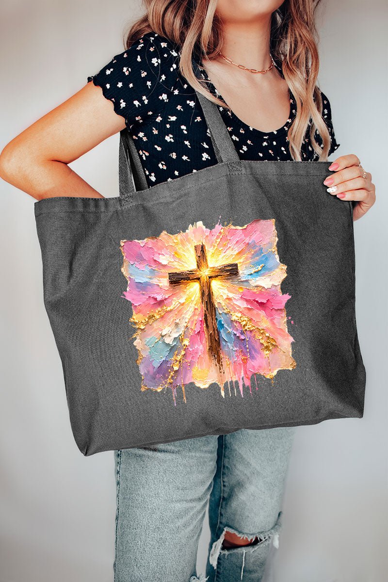 Pastel Brushstroke Cross Canvas Jumbo Tote - Wholesale Accessory Market