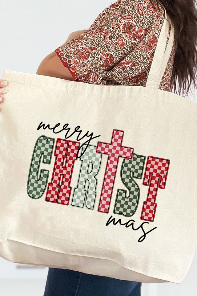 Checkered Merry CHRISTmas Canvas Jumbo Tote - Wholesale Accessory Market