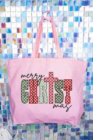 Checkered Merry CHRISTmas Canvas Jumbo Tote - Wholesale Accessory Market