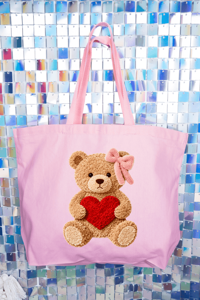 Cozy Heart Cub Faux Yarn Canvas Jumbo Tote - Wholesale Accessory Market