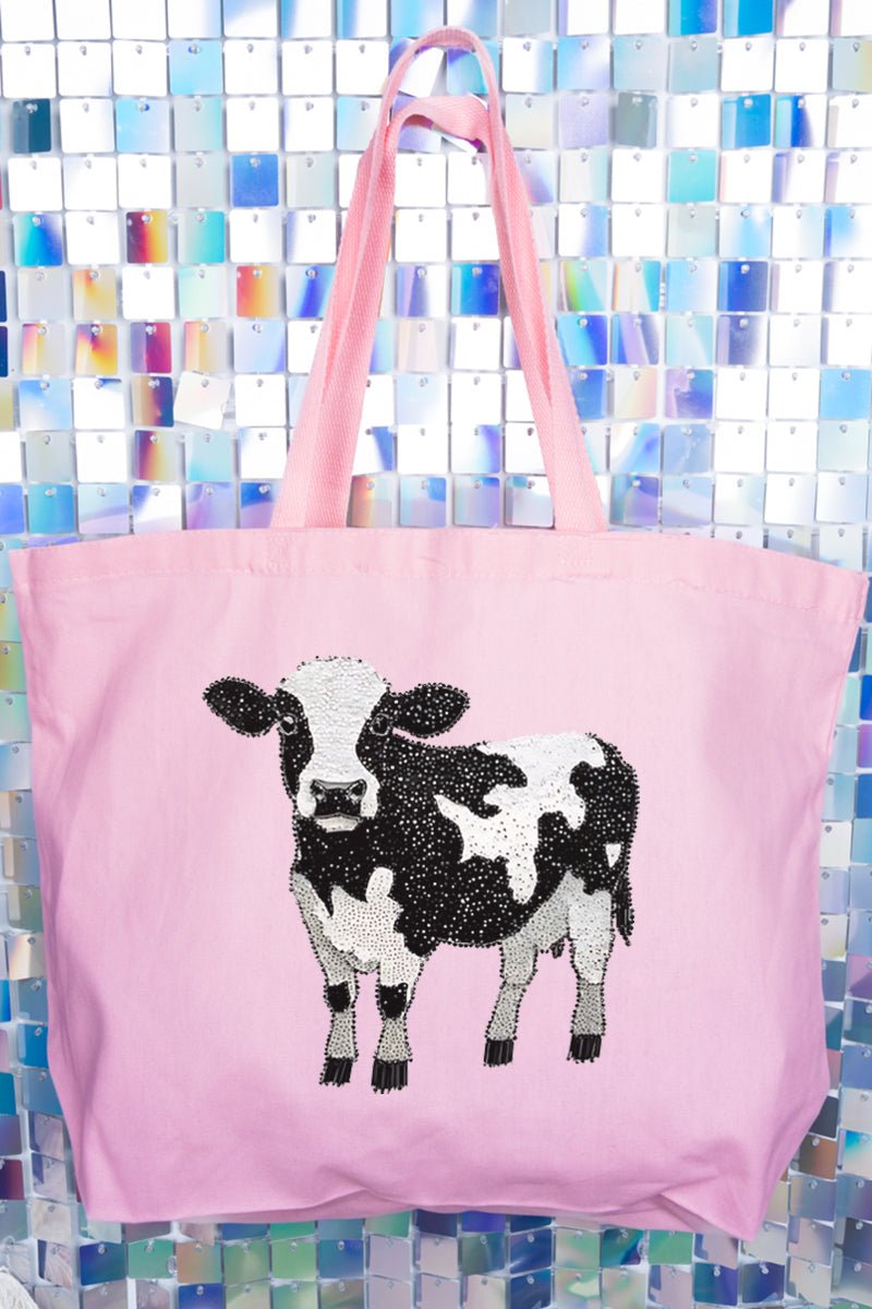 Faux Rhinestone Cow Canvas Jumbo Tote - Wholesale Accessory Market