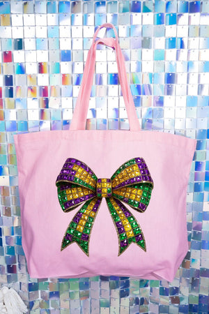 Faux Rhinestone Mardi Gras Bow Canvas Jumbo Tote - Wholesale Accessory Market
