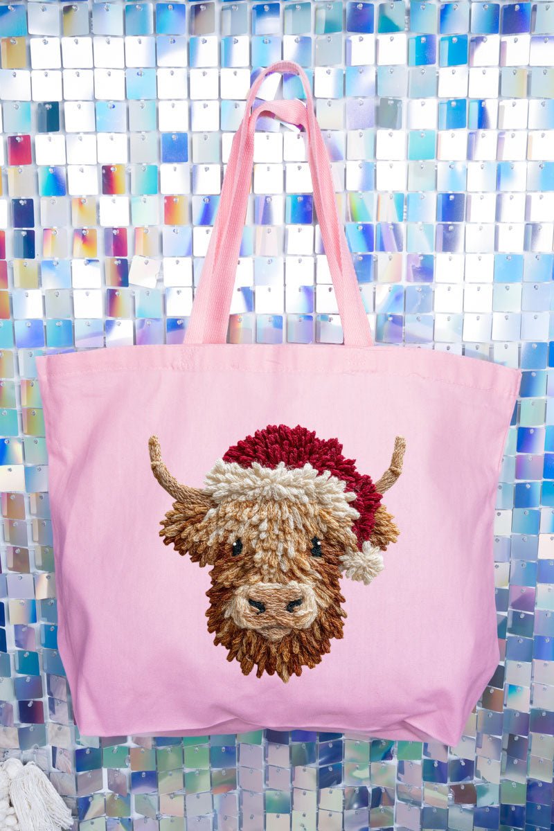 Faux Yarn Highland Cow Canvas Jumbo Tote - Wholesale Accessory Market