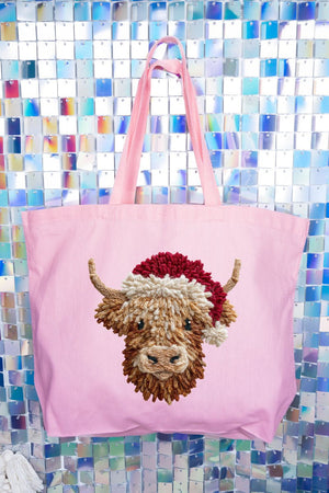 Faux Yarn Highland Cow Canvas Jumbo Tote - Wholesale Accessory Market