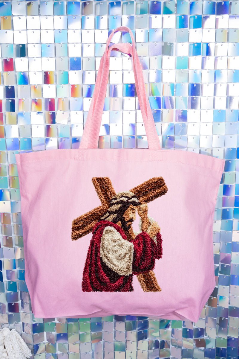 Faux Yarn Jesus At The Cross Canvas Jumbo Tote - Wholesale Accessory Market