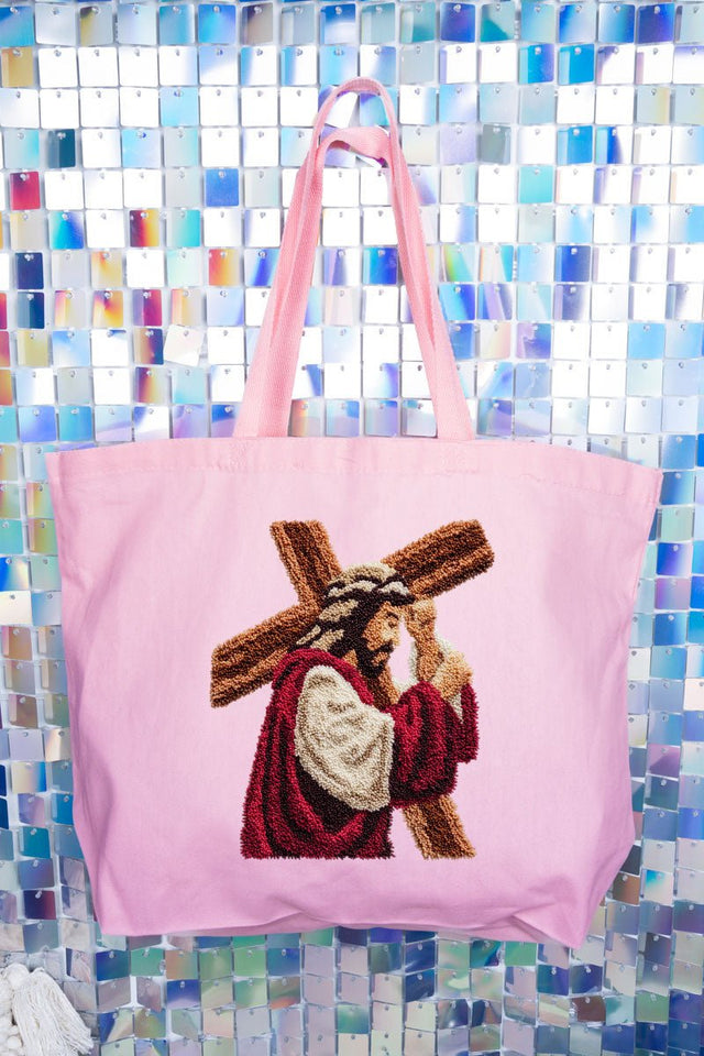 Faux Yarn Jesus At The Cross Canvas Jumbo Tote - Wholesale Accessory Market