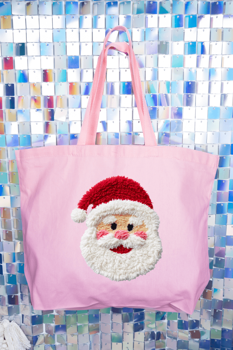 Faux Yarn Stitched With Cheer Santa Canvas Jumbo Tote - Wholesale Accessory Market
