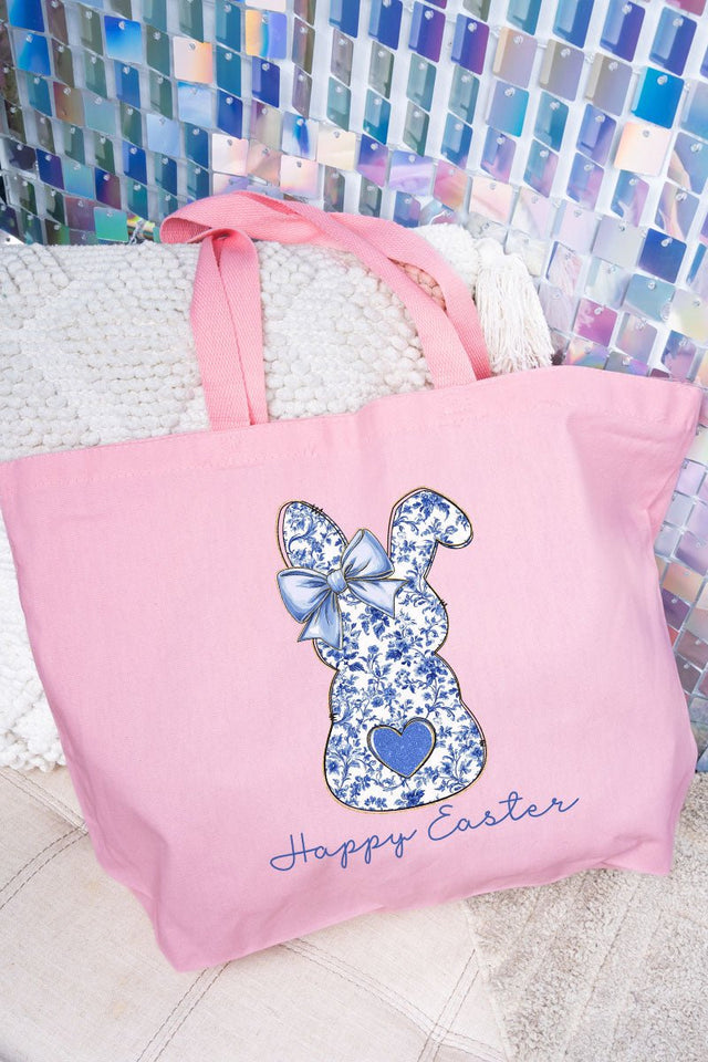 Happy Easter Chinoiserie Bunny Canvas Jumbo Tote - Wholesale Accessory Market