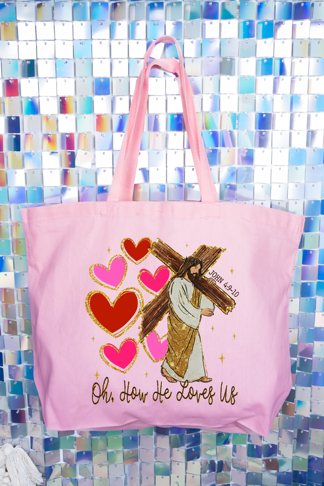 He Loves Us Hearts Canvas Jumbo Tote - Wholesale Accessory Market
